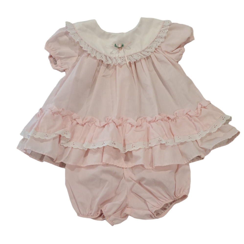 ROSE COTTAGE Vintage Baby Girl Dress with bloomers - Light Pink - 3-6 Months EUC